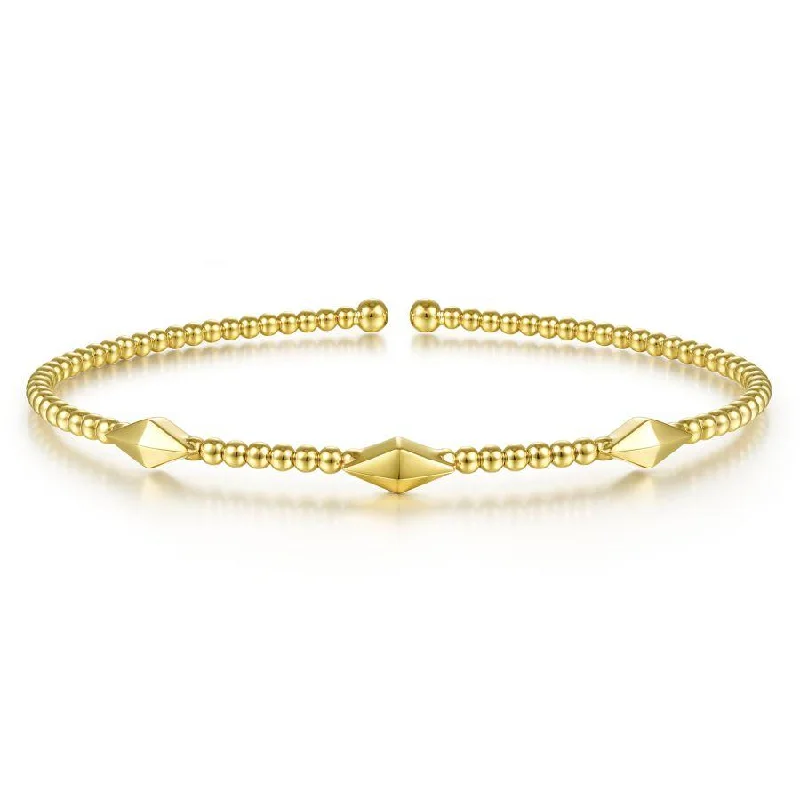 Bracelets With Fashionable Details-Gabriel & Co. - BG4421-62Y4JJJ - 14K Yellow Gold Bujukan Bead Cuff Bracelet with Pyramid Stations