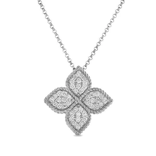 Bold Silver Pendant Necklaces For Trendy Looks-Roberto Coin Princess Flower Diamond Pendant Medium 18K White Gold