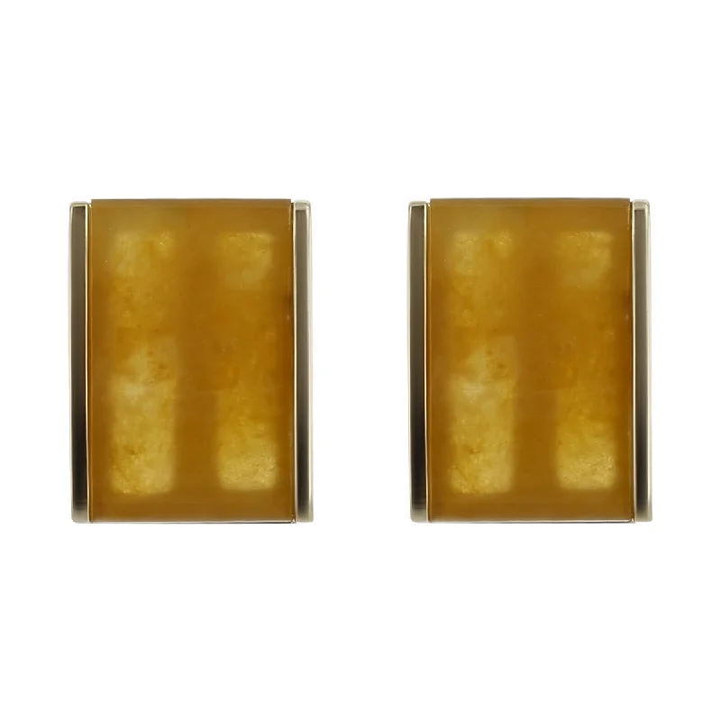 Elegant Silver Earrings For Special Occasions-14K Gold Rectangular Brown Jadeite Earrings