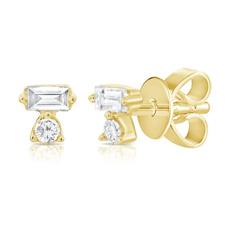 Gorgeous Earrings For Evening Parties-14K Yellow Gold Diamond + Baguette Earrings