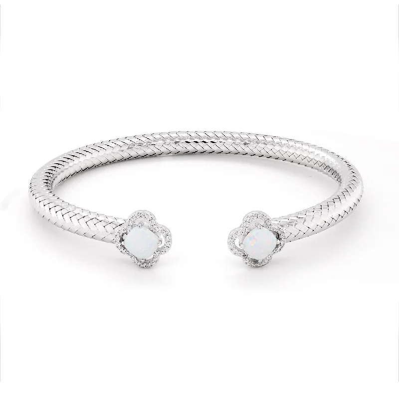 Bangles With Sparkling Details-STERLING SILVER OPEN BANGLE BRACELET WITH OPALS AND CUBIC ZIRCONIA