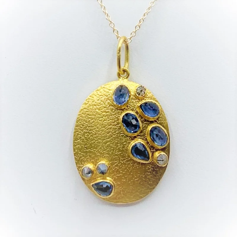 Statement Charm Necklaces For Personalized Style-Sapphire and Diamond River Stones on Golden Disk