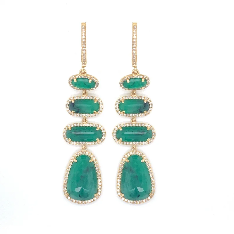 Trendy Silver Earrings For Bold Looks-14K Yellow Gold Diamond Emerald Drop Earrings