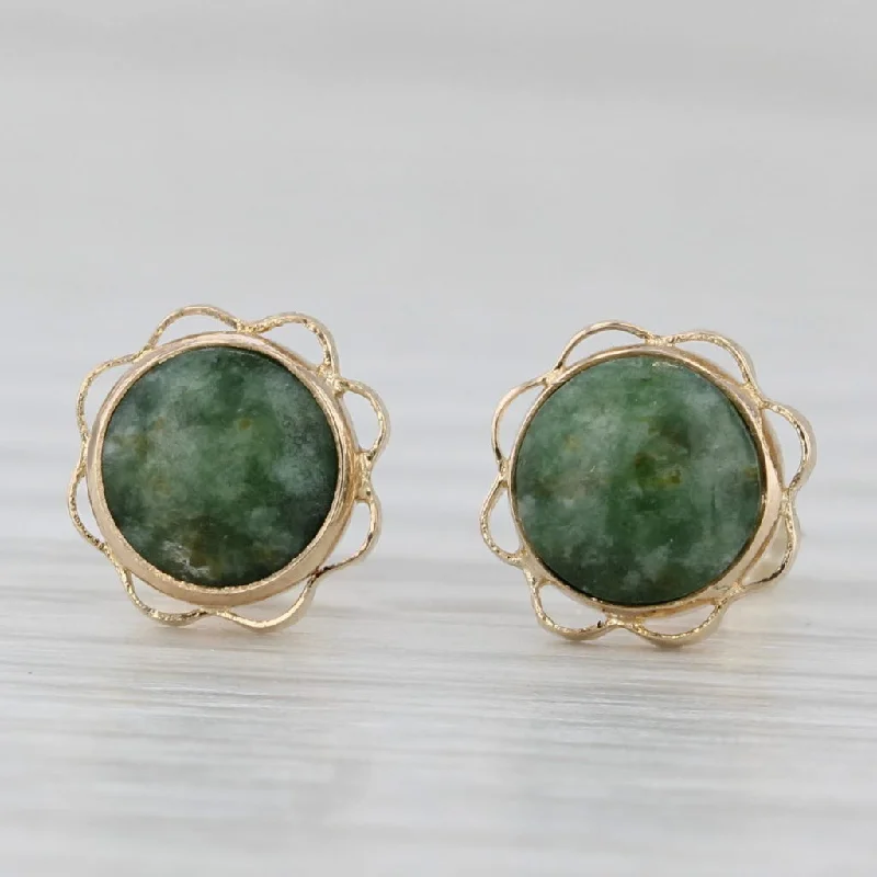 Large Resin Earrings For Bold Style-Green Nephrite Jade Stud Earrings 10k Yellow Gold Round Cabochon Solitaires