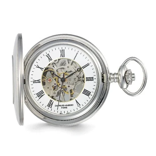 Watches With Simple Designs-Charles Hubert Solid Stainless Steel White Dial Pocket Watch - Engravable