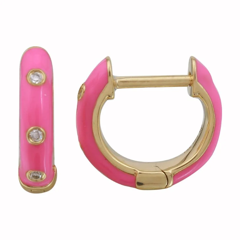 Handmade Earrings For Vintage Style-14k Yellow Gold Fushia Enamel & Diamond Huggie Earrings