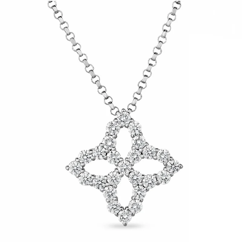 Trendy Bar Necklaces For Casual Looks-Roberto Coin Princess Flower Necklace Medium Diamond Pendant 18kt