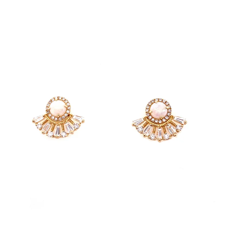 Dazzling Drop Earrings For Special Occasions-14K Yellow Gold Diamond Jacket + Opal Halo Earrings