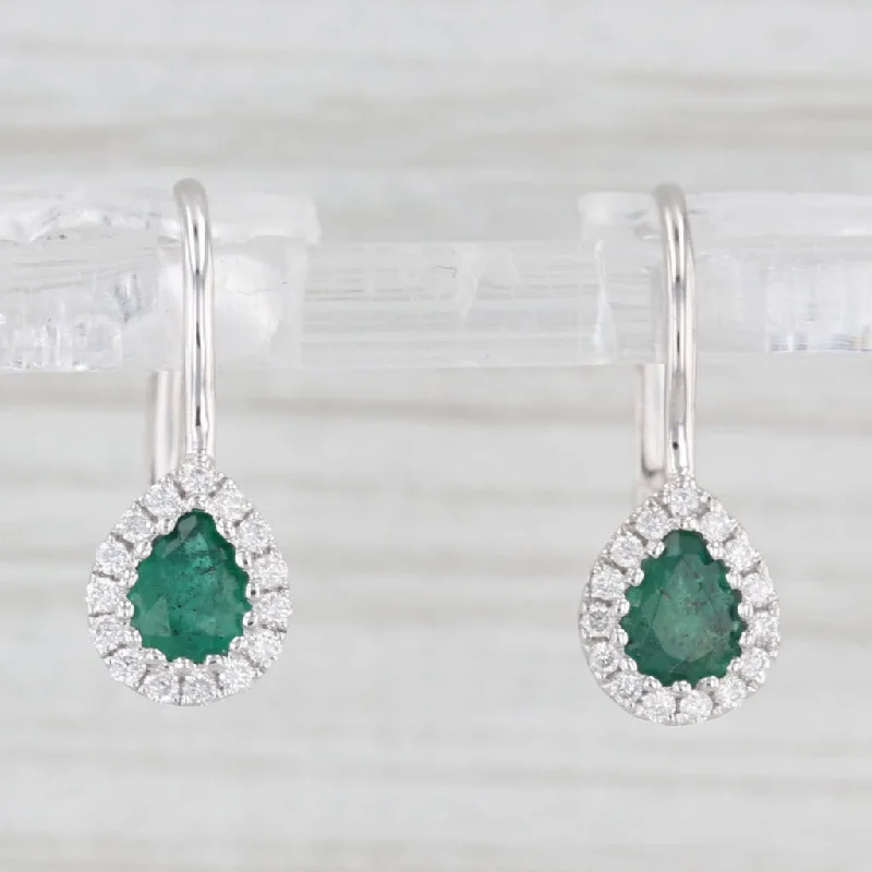 Modern Pearl Earrings For Unique Looks-New 0.88ctw Emerald Diamond Halo Teardrop Earrings 14k White Gold Lever Backs