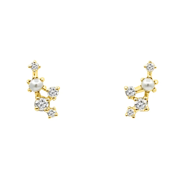 Bold Acrylic Earrings For Statement Style-14K YELLOW DIAMOND & PEARL MINI CLIMBERS