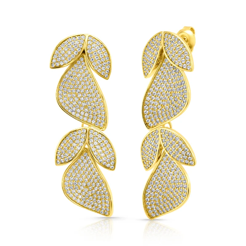 Trendy Crystal Earrings For Holiday Wear-PAVE LEAF DROP EARRINGS, GOLD