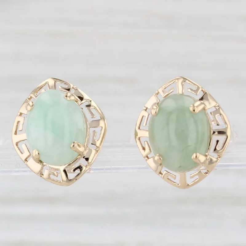 Dazzling Crystal Earrings For Elegant Style-Green Jadeite Jade Greek Key Pattern Stud Earrings 14k Yellow Gold