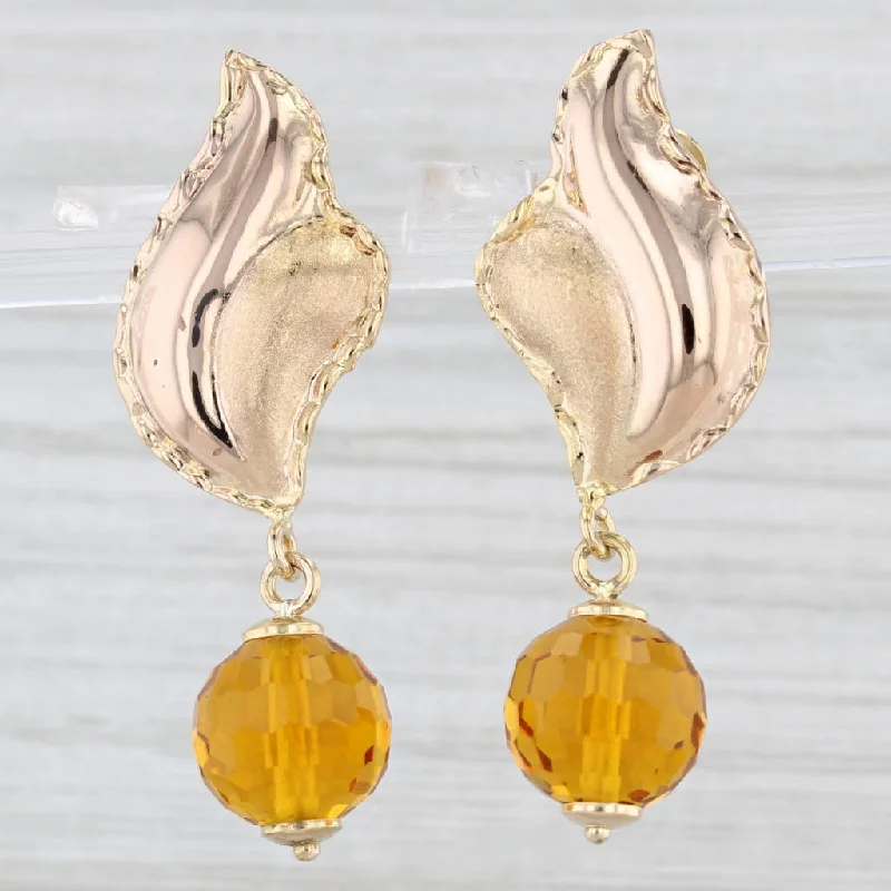 Simple Silver Earrings For All Day Wear-Orange Glass Bead Dangle Beveled Leaf Earrings 14k Yellow Rose Gold