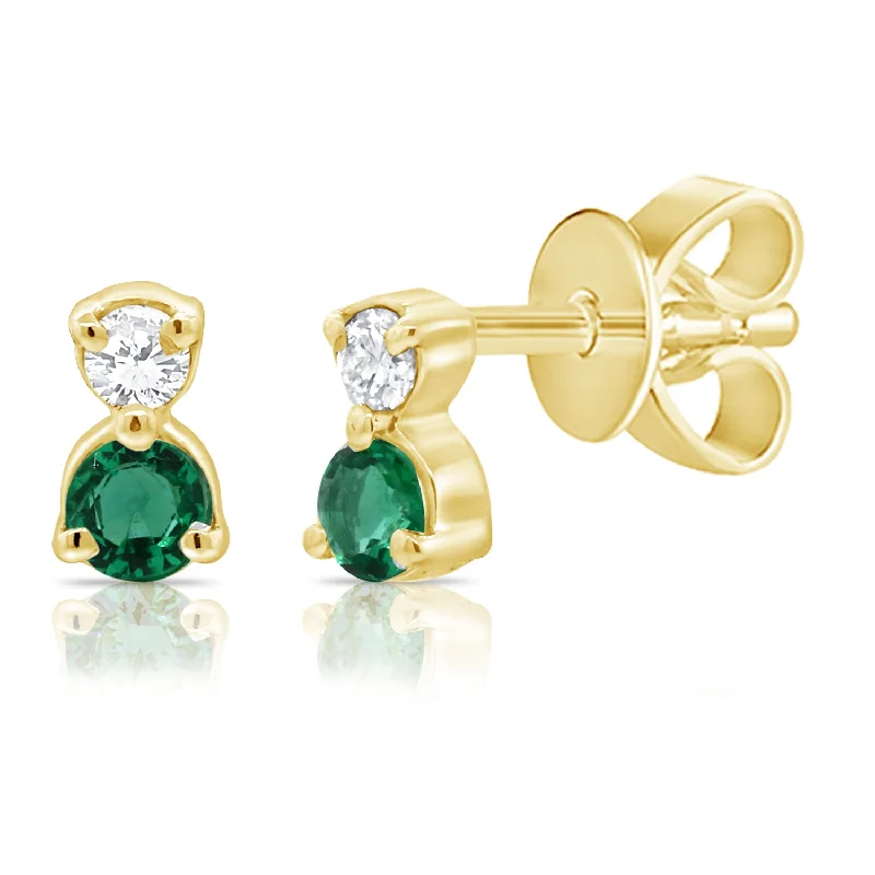 Elegant Gold Earrings For Evening Wear-14K Yellow Gold Diamond + Emerald Mini Stud Earrings