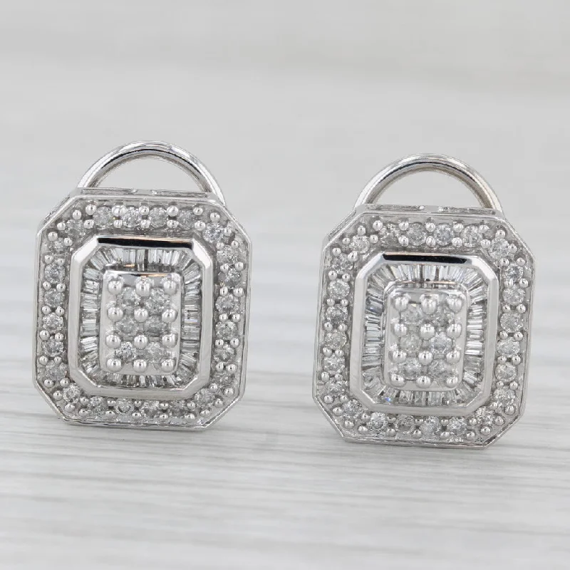 Statement Earrings For Fashionistas-1ctw Diamond Cluster Halo Drop Earrings 14k White Gold Omega Backs