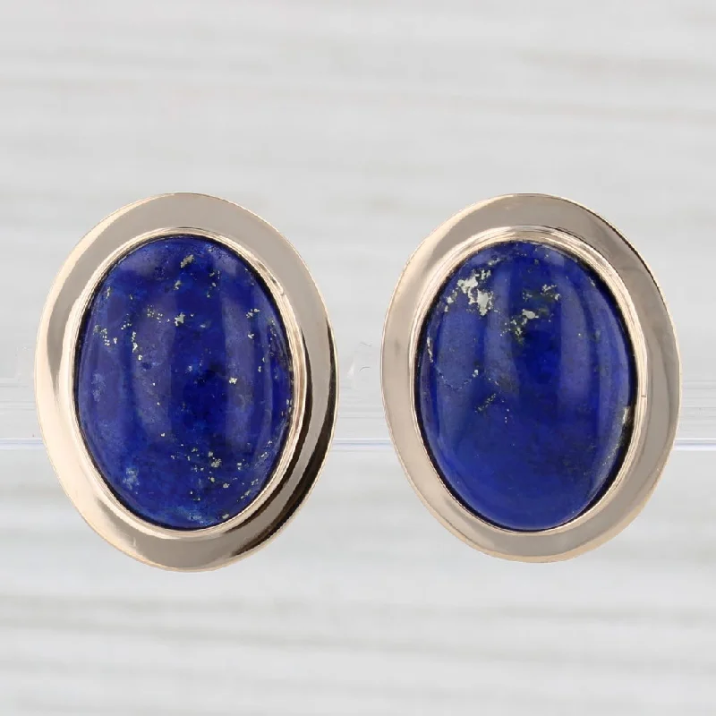 Elegant Gold Earrings For Evening Wear-Blue Lapis Lazuli Oval Cabochon Stud Earrings 14k Yellow Gold