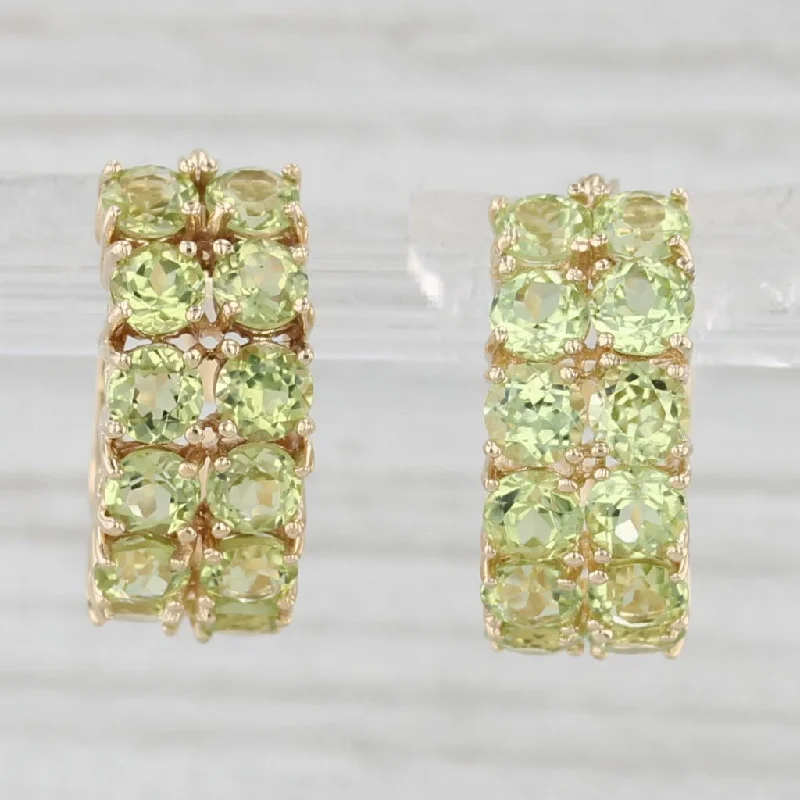 Cute Flower Earrings For Summer-3.15ctw Peridot Hoop Earrings 14k Yellow Gold Snap Top Round Hoops