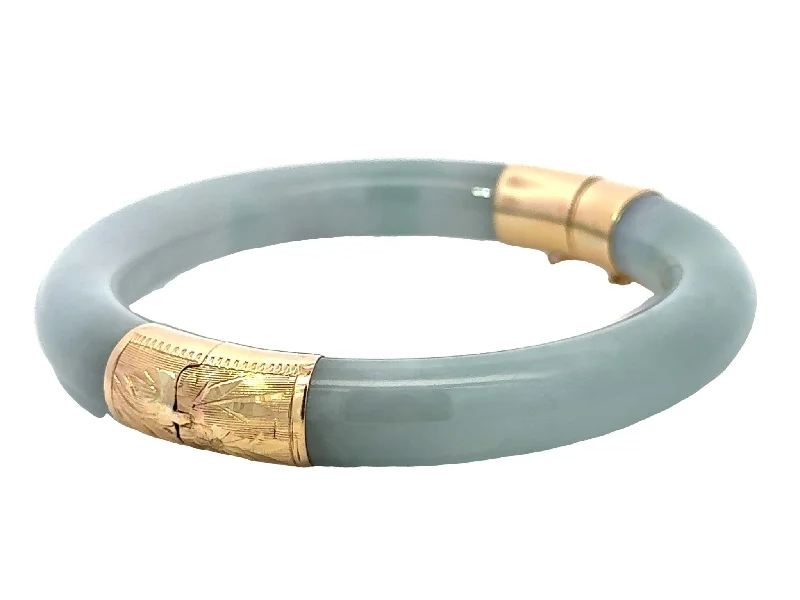 Bangles For Everyday Elegance-GIA Natural Jadeite Jade Hinged Bangle 14K Gold