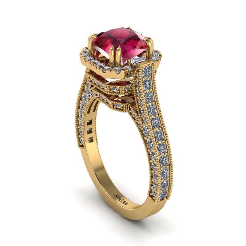 Customizable Gold Rings For Personal Style-Ruby Three Halo Milgrain Engagement Ring - Mira No. 10