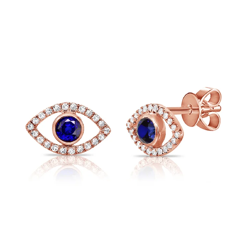 Opal Earrings For Mystical Looks-14K Rose Gold Diamond + Sapphire Evil Eye Earrings