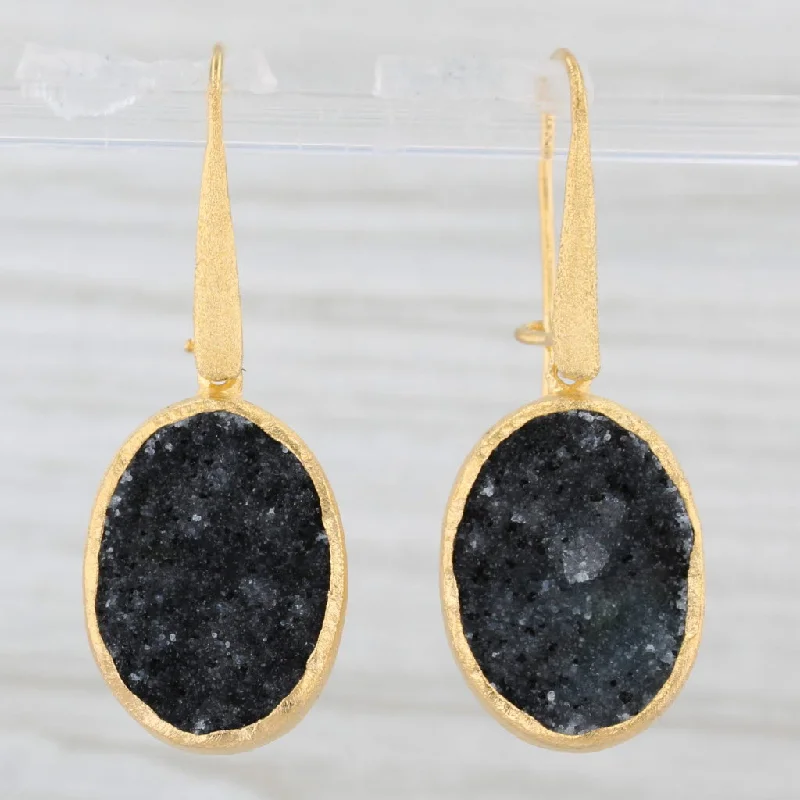 Long Silver Earrings For Elegant Fashion-New Nina Wynn Black Druzy Quartz Dangle Earrings Sterling Silver Gold Plated