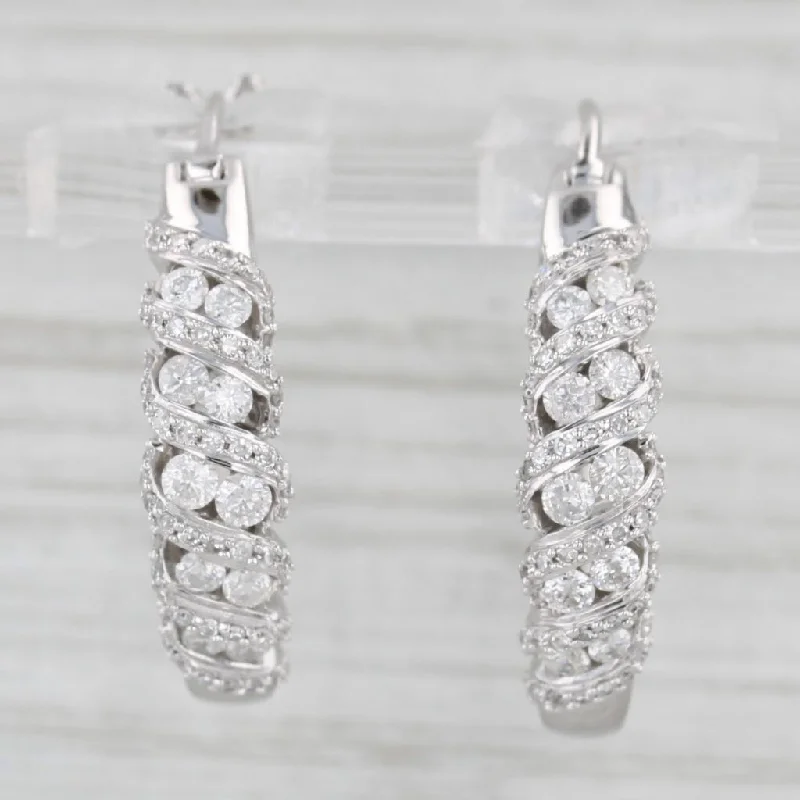 Trendy Gold Earrings For Party Glam-1ctw Scalloped Diamond Hoop Earrings 14k White Gold Snap Top Round Hoops