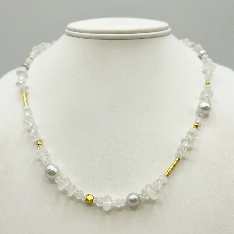 Unique Wooden Necklaces For Nature Lovers-Moonstones South Sea Pearls and Bright Gold Accent Necklace