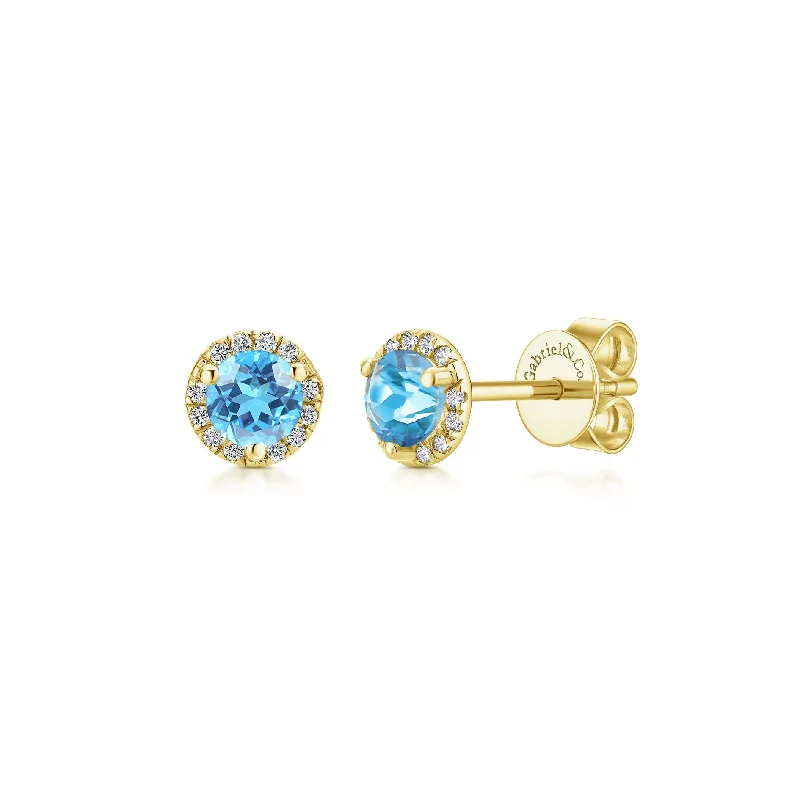 Classic Diamond Stud Earrings-14K Yellow Gold Diamond and Blue Topaz Stud Earrings