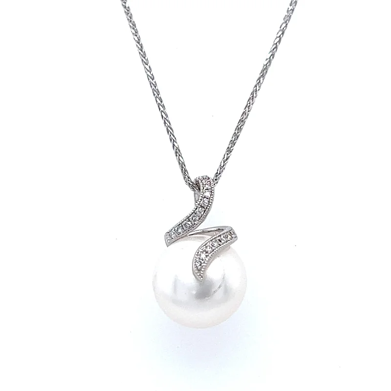 Classic Crystal Necklace For Bridal Jewelry-14k White Gold Cultured Button Pearl & Diamond Free Form Style Necklace