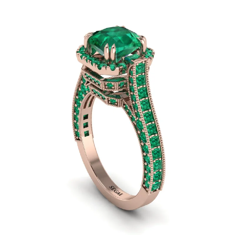 Gold Band Rings For Weddings-Emerald Three Halo Milgrain Engagement Ring - Mira No. 20