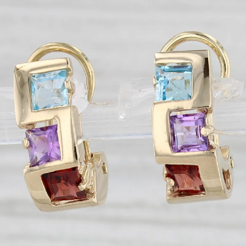 Large Crystal Earrings For Party Fashion-2.40ctw 3-Stone J-Hook Earrings 14k Yellow Gold Amethyst Garnet Topaz