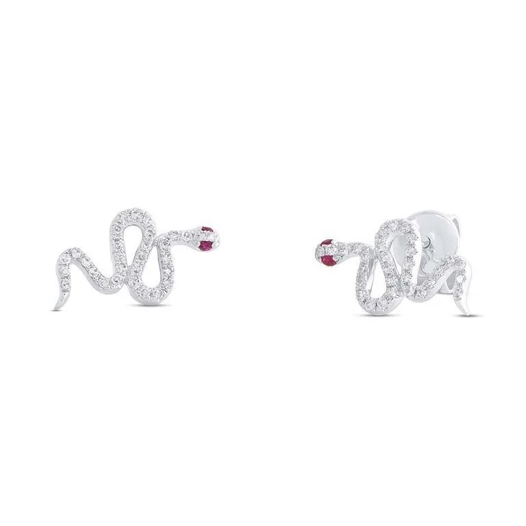 Bold Acrylic Earrings For Statement Style-14K White Gold Snake Diamond + Ruby Stud Earring