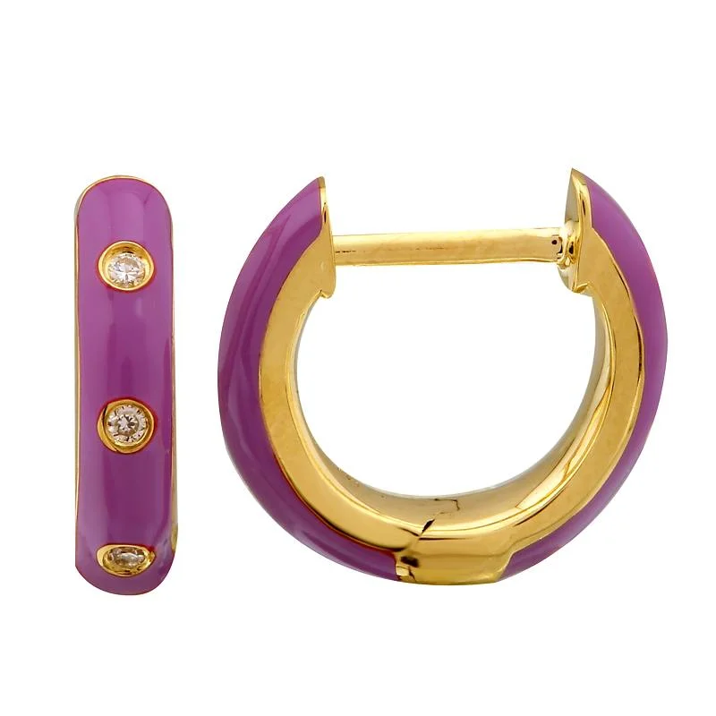 Crystal Stud Earrings For Timeless Style-14k Yellow Gold Fushia Enamel & Diamond Huggie Earrings