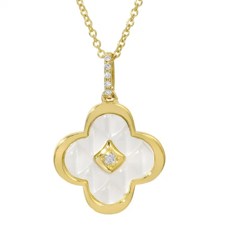 Unique Gold Necklace For Wedding Jewelry-14k Yellow Gold Fluted Mother of Pearl Quatrefoil Diamond Necklace