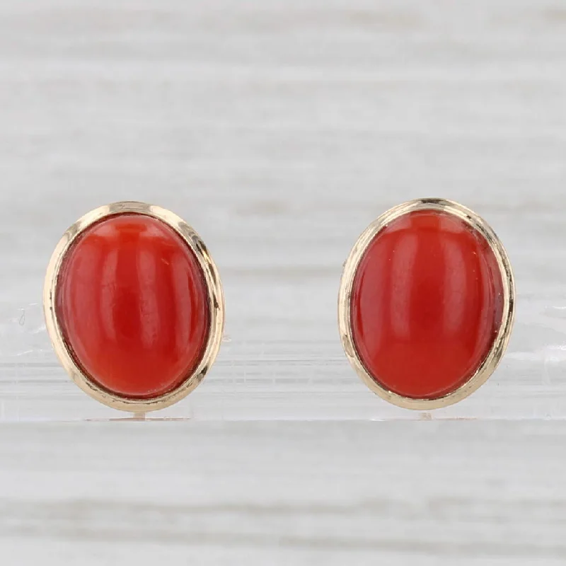 Lightweight Drop Earrings For Comfort-Red Coral Stud Earrings 14k Yellow Gold Oval Cabochon Solitaires