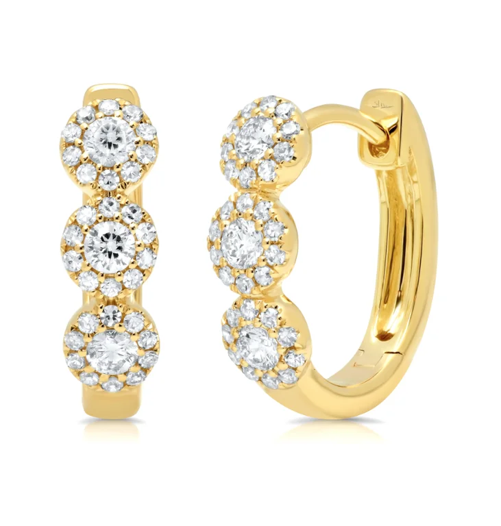 Trendy Drop Earrings For Formal Occasions-14K Yellow Gold Diamond Triple Halo Huggie Earrings