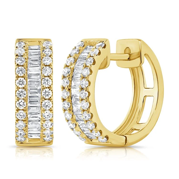 Elegant Drop Earrings For Bridal Jewelry-14K Yellow Gold Baguette Diamond Huggie Earrings