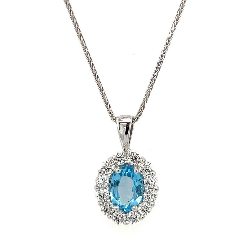 Custom Birthstone Pendant Necklaces For Bridesmaids-14k White Gold Oval Blue Topaz & Diamond Halo Necklace