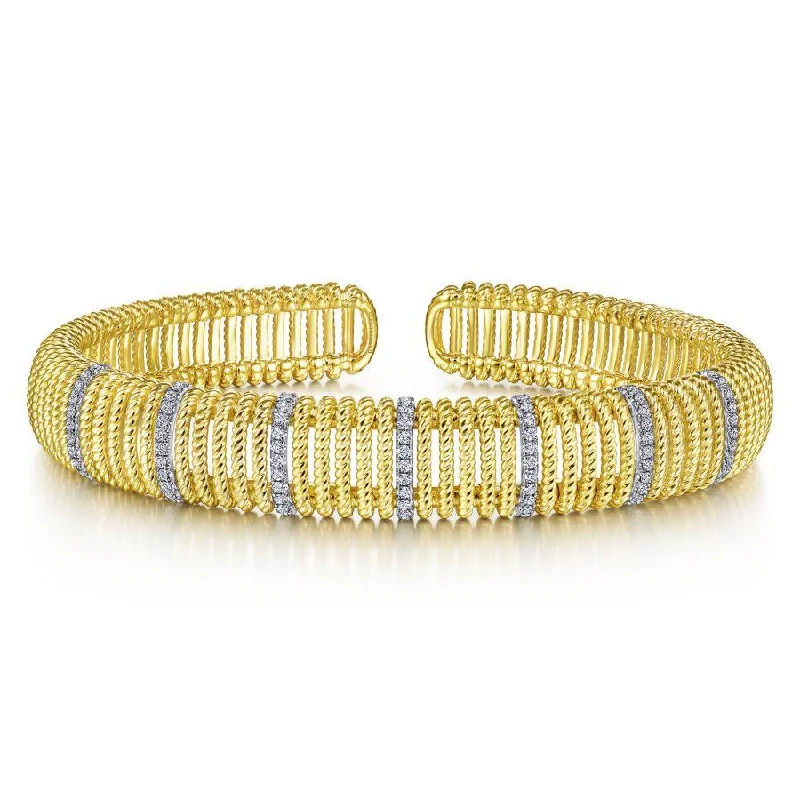 Bracelets With White Designs-Gabriel & Co. - BG4457-65M45JJ - 14K White-Yellow Gold Twisted Rope Cuff Bracelet with Diamond Stations