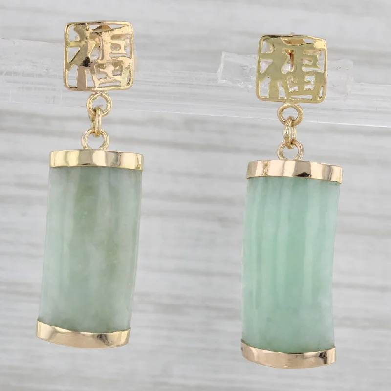 Trendy Crystal Earrings For Holiday Wear-Green Jadeite Jade Dangle Earrings 14k Yellow Gold Chinese Calligraphy Luck