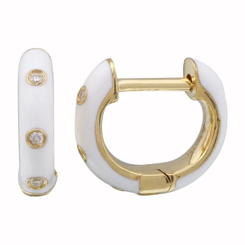 Classic Drop Earrings For Bridal Looks-14k Yellow Gold White Enamel & Diamond Huggie Earrings