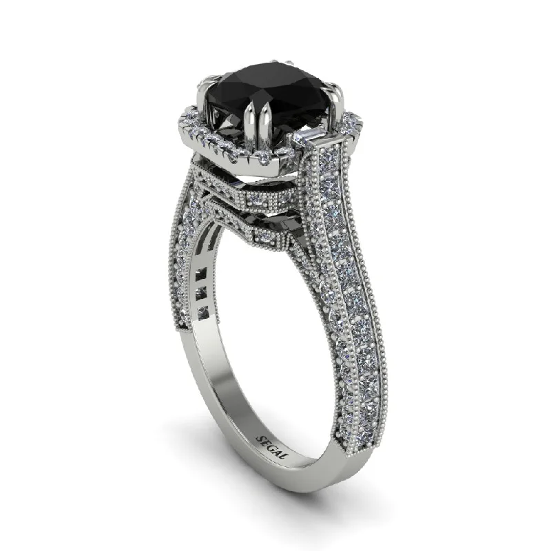 Vintage Gemstone Rings For Retro Style-Black Diamond Three Halo Milgrain Engagement Ring - Mira No. 9