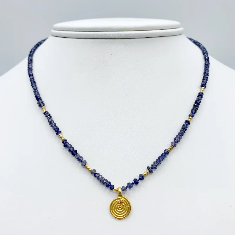 Unique Gold Pendant Necklaces For Fashion Statements-Deep Blue Beads with a Golden Sun Disk