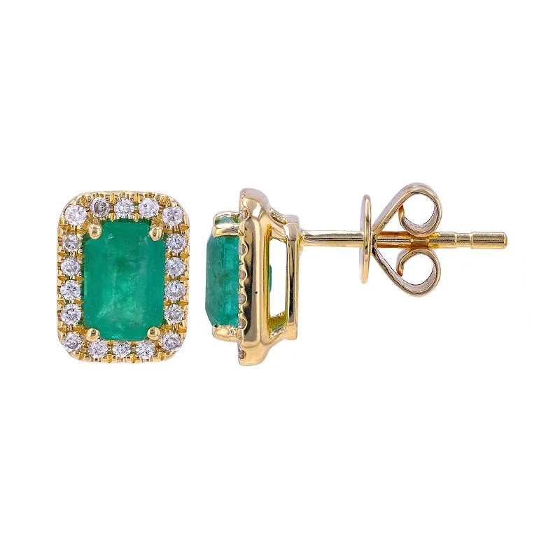 Minimalist Silver Earrings For Work Style-14K Yellow Gold Diamond and Emerald Stud Earrings