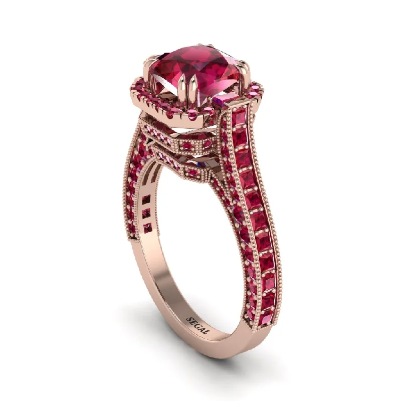 Customizable Gold Wedding Rings For Brides-Ruby Three Halo Milgrain Engagement Ring - Mira No. 56