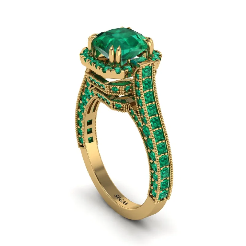 Personalized Promise Rings For Special Occasions-Emerald Three Halo Milgrain Engagement Ring - Mira No. 19