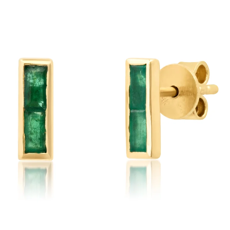 Dangle Earrings For Wedding Occasions-BAGUETTE EMERALD STUDS, 14kt GOLD