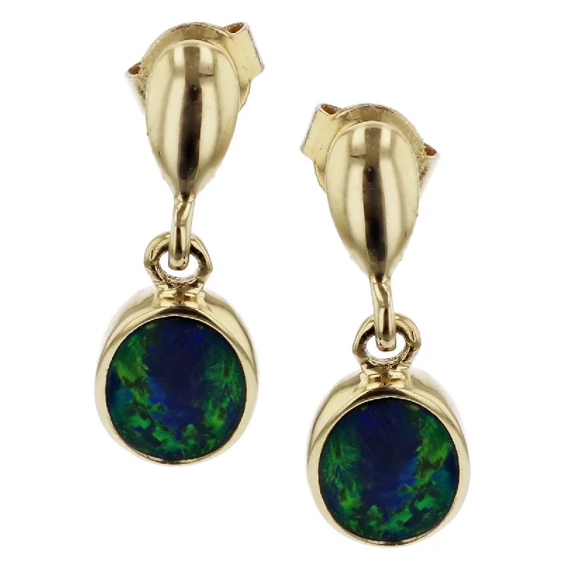 Unique Earrings For Bridal Jewelry-14K Yellow Gold Black Opal Doublet Drop Earrings