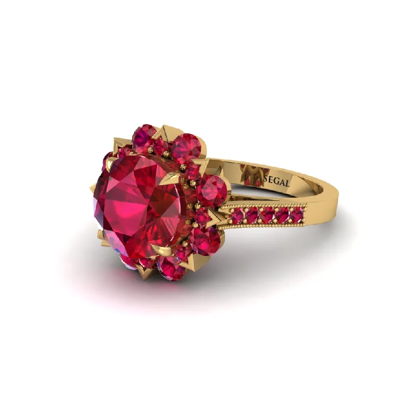 Stackable Diamond Rings For Elegant Style-Ruby Halo Sunburst Engagement Ring - Winter No. 55