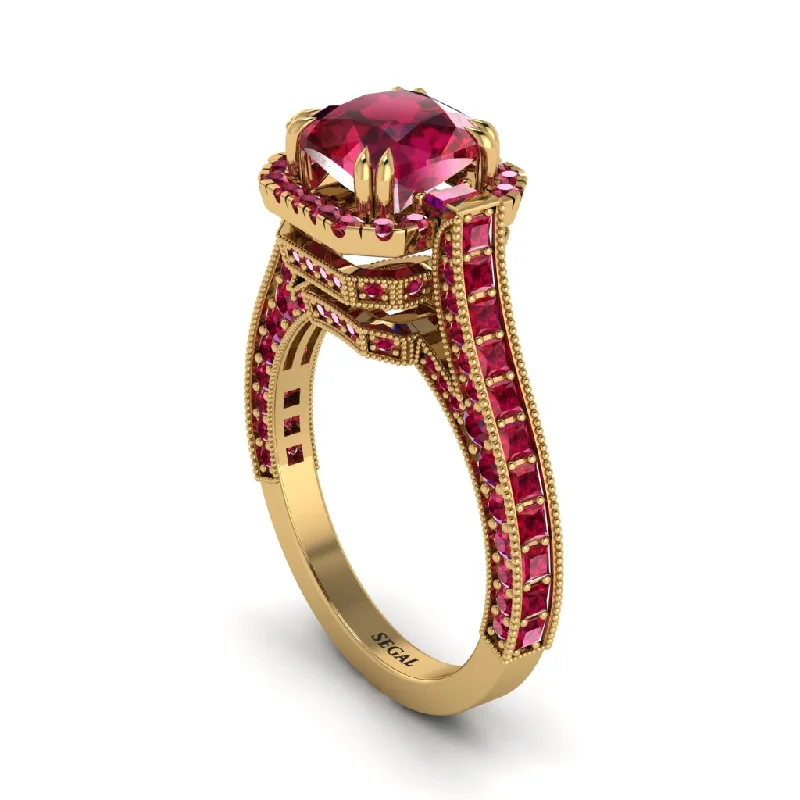 Fashionable Gemstone Rings For Casual Wear-Ruby Three Halo Milgrain Engagement Ring - Mira No. 55